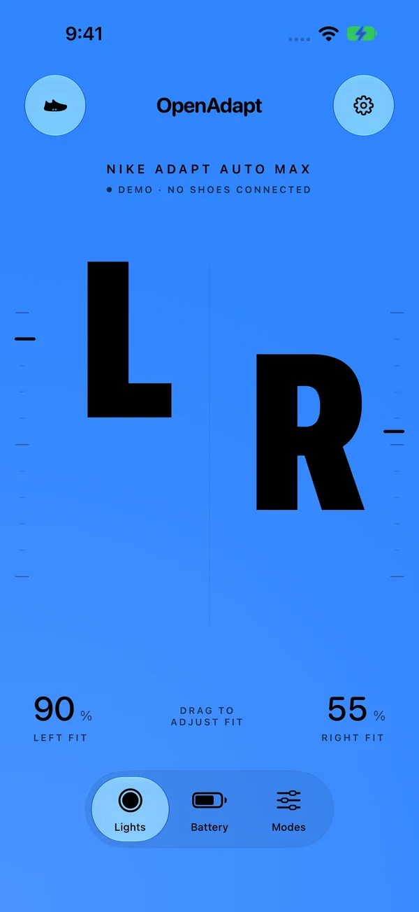 OpenAdapt iPhone app in Simulator demo mode, showing independent left and right fit controls